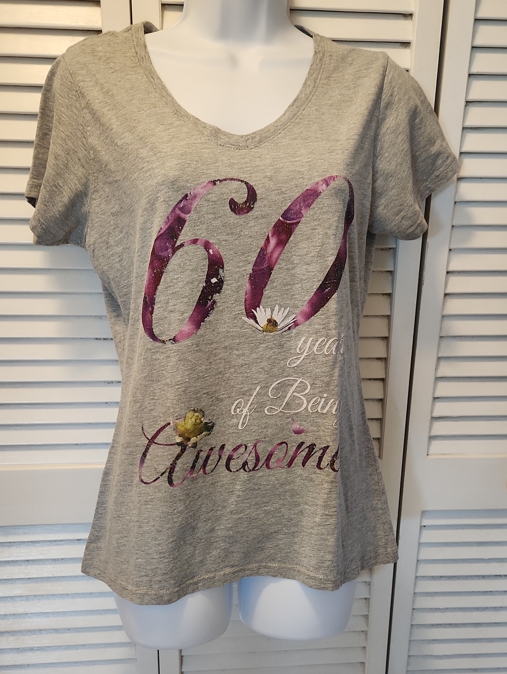Port and Company Grey Short Sleeve Tee with Purple Floral '60th Bithday  Graphic